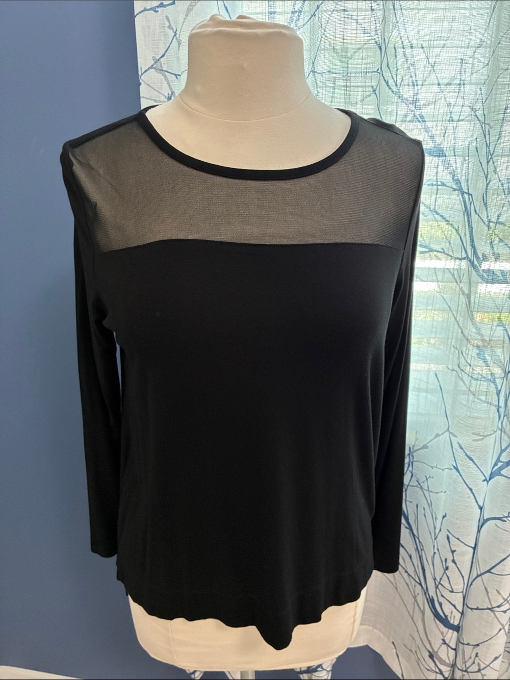 Tahari Black Sheer Yoke Long-Sleeve Women's Top